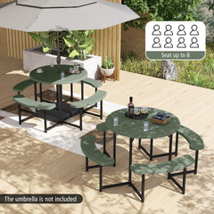 Round Picnic Table Bench Set with 4 Benches and Umbrella Hole for Patio Lawn-Green