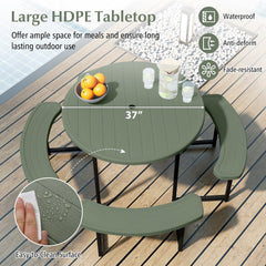 Round Picnic Table Bench Set with 4 Benches and Umbrella Hole for Patio Lawn-Green