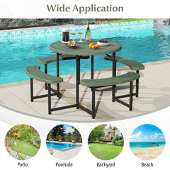 Round Picnic Table Bench Set with 4 Benches and Umbrella Hole for Patio Lawn-Green