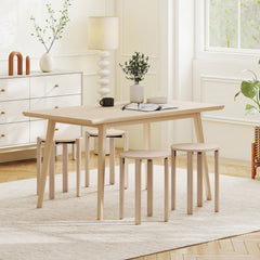 Set of 4 Round Nesting Stools with Rolling Base, Natural Rubber Wood, Stack to 24 Inch Column