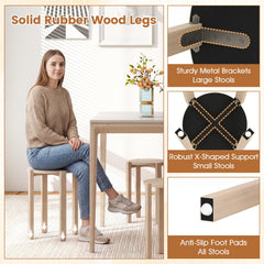 Set of 4 Round Nesting Stools with Rolling Base, Natural Rubber Wood, Stack to 24 Inch Column
