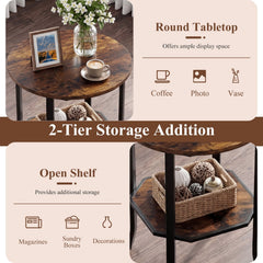 Round Side Table Small End Table with Storage Shelf 2-Tier Nightstand for Small Space-Rustic Brown