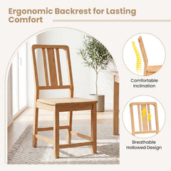 Set of 2 Natural Rubber Wood Dining Chairs with Hollowed Slat Back and Contoured Seat, 440 lb