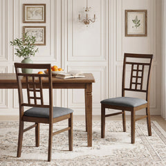 Set of 4 Lattice Back Dining Chairs, Walnut Brown Rubber Wood with Grey Linen Padded Seats