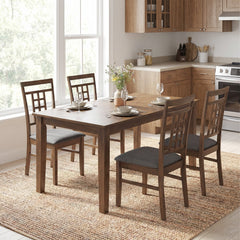 Set of 4 Lattice Back Dining Chairs, Walnut Brown Rubber Wood with Grey Linen Padded Seats