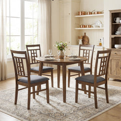 Set of 4 Lattice Back Dining Chairs, Walnut Brown Rubber Wood with Grey Linen Padded Seats