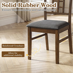 Set of 4 Lattice Back Dining Chairs, Walnut Brown Rubber Wood with Grey Linen Padded Seats
