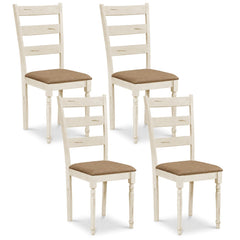 Set of 4 Ladder Back Dining Chairs, Distressed Antique White Rubber Wood with Tan Linen Seats