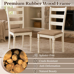 Set of 4 Ladder Back Dining Chairs, Distressed Antique White Rubber Wood with Tan Linen Seats