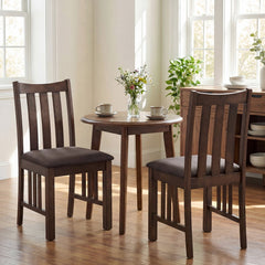 Set of 2 Mission Style Dining Chairs, Rustic Brown Rubber Wood with Slatted Sides and Grey Linen Seat