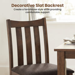 Set of 4 Mission Style Dining Chairs, Rustic Brown Rubber Wood with Slatted Sides and Grey Linen Seats