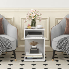S-Shaped Side Table with 2 Open Compartments, White