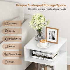 S-Shaped Side Table with 2 Open Compartments, White