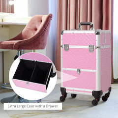 Portable Aluminum Makeup Train Cases, Rolling Makeup Case, Salon Beauty Cosmetic Jewelry Organizer Trolley with 4 Wheels, Black