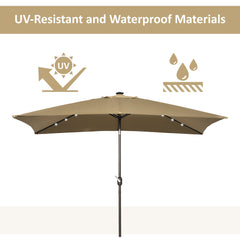 6.5x10ft Patio Umbrella Rectangle Solar Powered Tilt Aluminum Outdoor Market Parasol with LEDs Crank (Light Coffee)