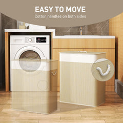 Double Laundry Basket with Lid, 100L Bamboo Laundry Hamper with Rope Handles and Removable Bags, Brown