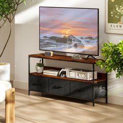 TV Stand with Charging Station, TV Table with 2 Foldable Linen Drawers and Open Shelf for 47 Inch Television, Black