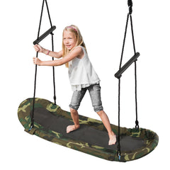 Saucer Tree Swing Surf Kids Outdoor Adjustable Oval Platform Set with Handle-Army Green