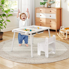 Sensory Table and Chair Set for Kids 2-8 with Foldable Bins-White