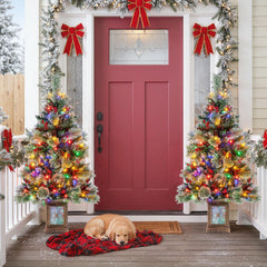Set of 2 4 FT Pre-Lit Potted Christmas Trees, 190 Tips with Berries and 11 Modes