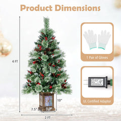 Set of 2 4 FT Pre-Lit Potted Christmas Trees, 190 Tips with Berries and 11 Modes