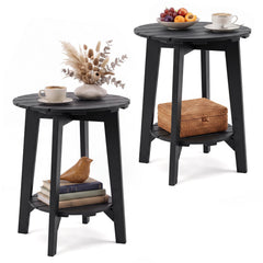 Set of 2 2-Tier Outdoor Eucalyptus Wood Side Table with Slatted Tabletop and Storage Shelf for Backyard-Black
