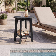 Set of 2 2-Tier Outdoor Eucalyptus Wood Side Table with Slatted Tabletop and Storage Shelf for Backyard-Black