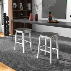 Set of 2 Backless Bar Stools with White Wood Frames and Grey Seats, 30 Inch Seat