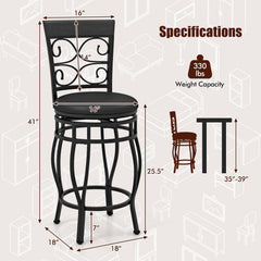 Set of 2 Swivel Counter Height Stools with Scroll Back, Black Metal with Black PU Seat, 25.5 Inch