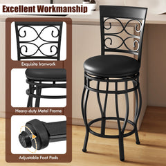 Set of 2 Swivel Counter Height Stools with Scroll Back, Black Metal with Black PU Seat, 25.5 Inch