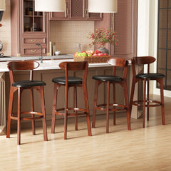 Set of 2 Bar Height Stools with Backs, Walnut Rubber Wood and Black PU Leather Seat, 30.5 Inch