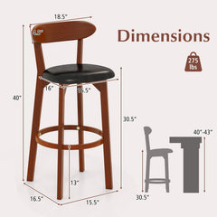 Set of 2 Bar Height Stools with Backs, Walnut Rubber Wood and Black PU Leather Seat, 30.5 Inch