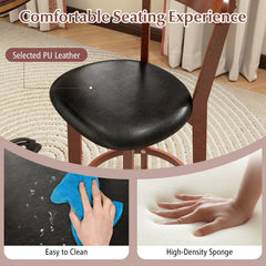 Set of 2 Bar Height Stools with Backs, Walnut Rubber Wood and Black PU Leather Seat, 30.5 Inch