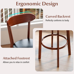 Set of 2 Bar Height Stools with Backs, Walnut Rubber Wood and Black PU Leather Seat, 30.5 Inch