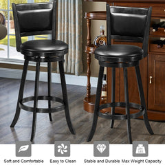 Set of 2 Swivel Bar Stools in Black with Padded Panel Backs, 29 Inch Seat Height