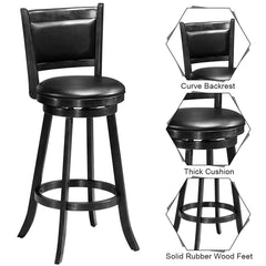 Set of 2 Swivel Bar Stools in Black with Padded Panel Backs, 29 Inch Seat Height