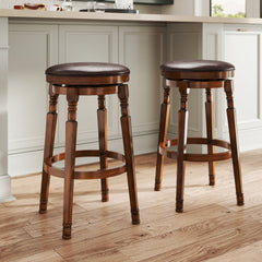Set of 2 Backless Swivel Bar Stools with Turned Legs in Walnut, 29 Inch Seat Height