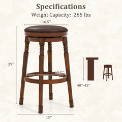 Set of 2 Backless Swivel Bar Stools with Turned Legs in Walnut, 29 Inch Seat Height