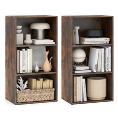 Set of 2 3-Tier Cube Bookcase with Adjustable Shelves for Home Office-Rustic Brown