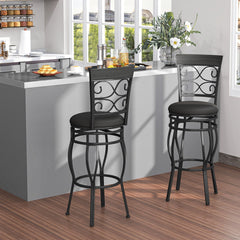 Set of 2 Scrollwork Swivel Bar Stools in Black Metal, 30 Inch Seat Height