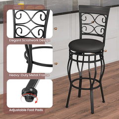 Set of 2 Scrollwork Swivel Bar Stools in Black Metal, 30 Inch Seat Height