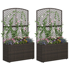 Set of 2 49 Inch Raised Garden Bed with Trellis and Wicker Planter Box-Brown