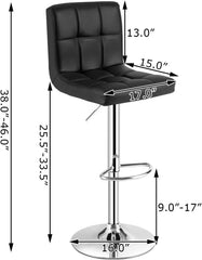 Set of 2 Square Quilted Swivel Bar Stools in Black, 25.5 to 33.5 Inch Seat Height