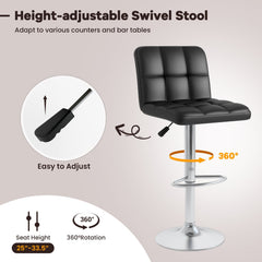 Set of 2 Square Quilted Swivel Bar Stools in Black, 25.5 to 33.5 Inch Seat Height