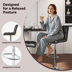 Set of 2 Square Quilted Swivel Bar Stools in Black, 25.5 to 33.5 Inch Seat Height