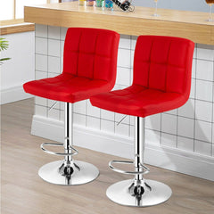 Set of 2 Square Quilted Swivel Bar Stools in Red, 25.5 to 33.5 Inch Seat Height