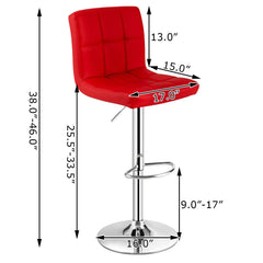 Set of 2 Square Quilted Swivel Bar Stools in Red, 25.5 to 33.5 Inch Seat Height
