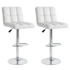 Set of 2 Square Quilted Swivel Bar Stools in White, 25.5 to 33.5 Inch Seat Height