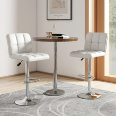 Set of 2 Square Quilted Swivel Bar Stools in White, 25.5 to 33.5 Inch Seat Height