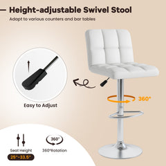 Set of 2 Square Quilted Swivel Bar Stools in White, 25.5 to 33.5 Inch Seat Height